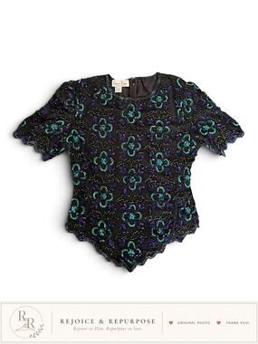 Vintage Laurence Kazar Beaded Sequin Blouse L Black Teal Purple Floral 80s 90s